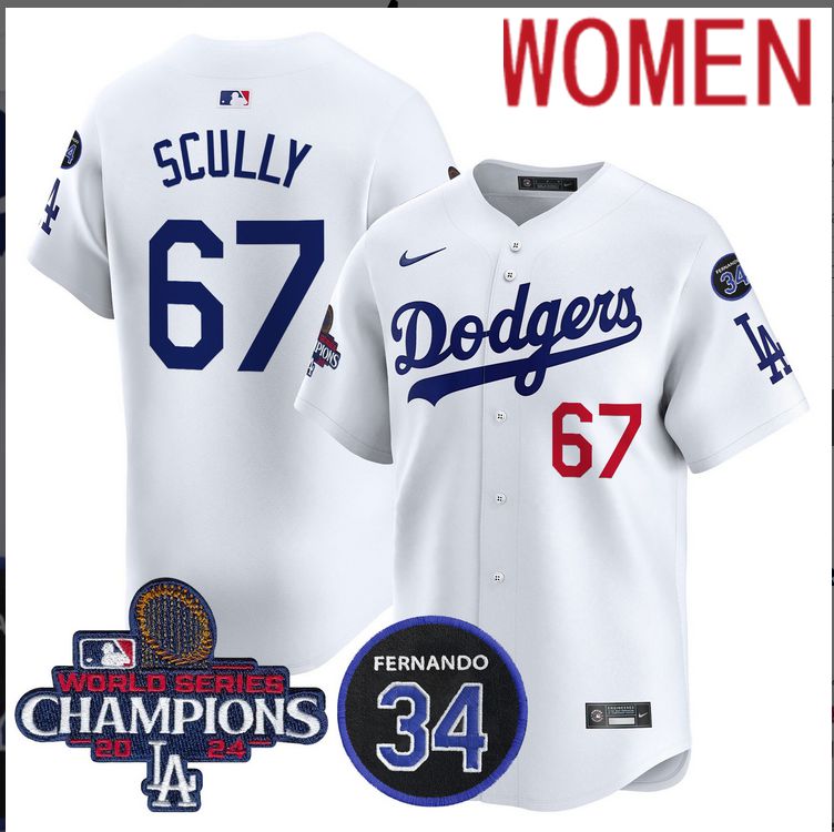 Women MLB Los Angeles Dodgers #67 Scully white 2024 World Series Champions Patch Limited Jersey